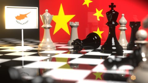 Cyprus National Flag, The national flag on a chessboard with the Chinese flag in the background