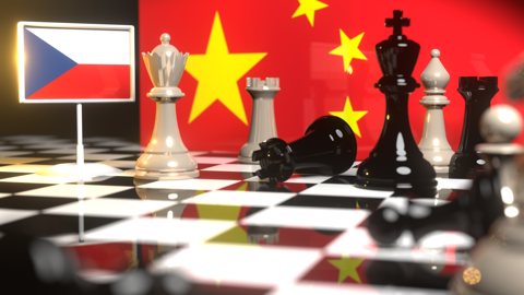 Czech National Flag, The national flag on a chessboard with the Chinese flag in the background