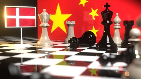 Denmark National Flag, The national flag on a chessboard with the Chinese flag in the background