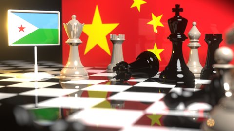 Djibouti National Flag, The national flag on a chessboard with the Chinese flag in the background