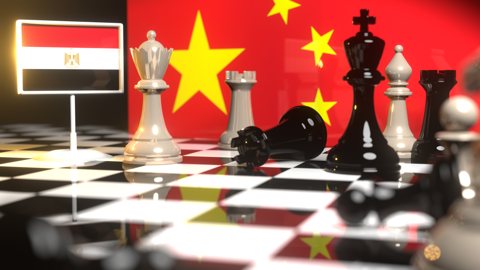 Egypt National Flag, The national flag on a chessboard with the Chinese flag in the background