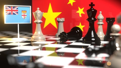 Fiji National Flag, The national flag on a chessboard with the Chinese flag in the background