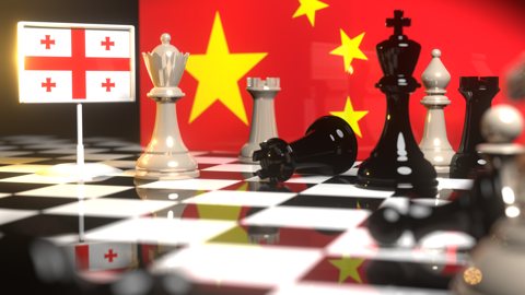 Georgia National Flag, The national flag on a chessboard with the Chinese flag in the background