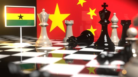 Ghana National Flag, The national flag on a chessboard with the Chinese flag in the background