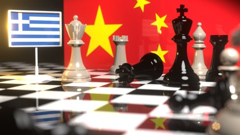 Greece National Flag, The national flag on a chessboard with the Chinese flag in the background