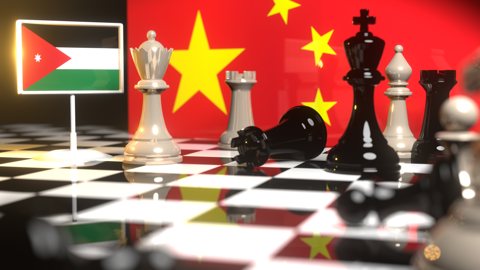 Jordan National Flag, The national flag on a chessboard with the Chinese flag in the background