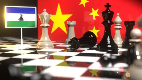 Lesotho National Flag, The national flag on a chessboard with the Chinese flag in the background