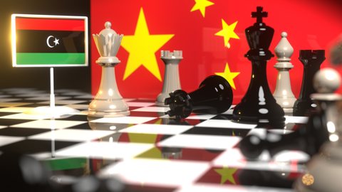 Libya National Flag, The national flag on a chessboard with the Chinese flag in the background