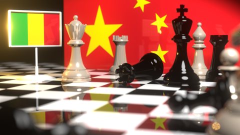 Mali National Flag, The national flag on a chessboard with the Chinese flag in the background