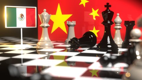 Mexico National Flag, The national flag on a chessboard with the Chinese flag in the background