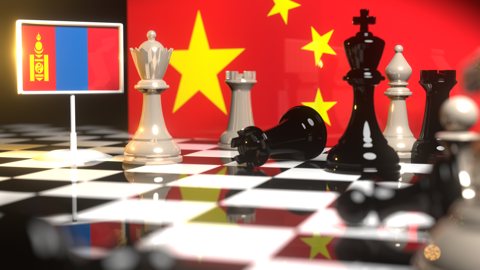 Mongolia National Flag, The national flag on a chessboard with the Chinese flag in the background