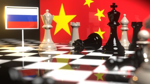 Russia National Flag, The national flag on a chessboard with the Chinese flag in the background