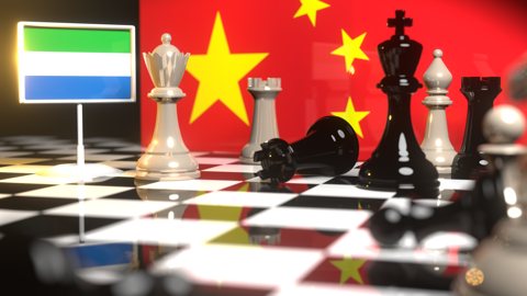 Sierra-Leone National Flag, The national flag on a chessboard with the Chinese flag in the background