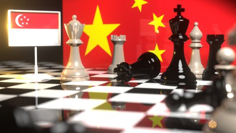 Singapore National Flag, The national flag on a chessboard with the Chinese flag in the background