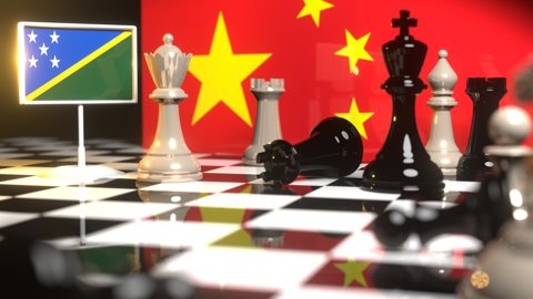 Solomon-Islands National Flag, The national flag on a chessboard with the Chinese flag in the background