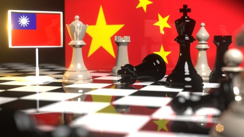 Taiwan National Flag, The national flag on a chessboard with the Chinese flag in the background