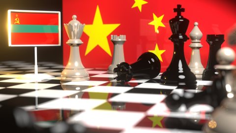 Transnistria National Flag, The national flag on a chessboard with the Chinese flag in the background