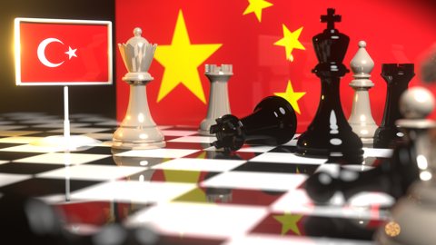 Turkiye National Flag, The national flag on a chessboard with the Chinese flag in the background