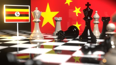 Uganda National Flag, The national flag on a chessboard with the Chinese flag in the background