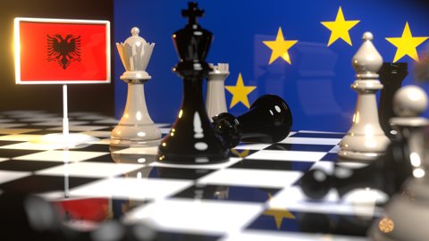 Albania National Flag, Flags placed on a chessboard with the EU flag in the background