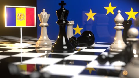 Andorra National Flag, Flags placed on a chessboard with the EU flag in the background