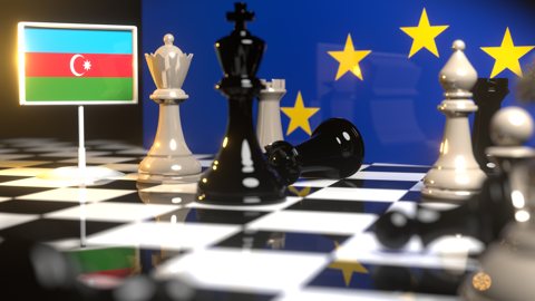 Azerbaijan National Flag, Flags placed on a chessboard with the EU flag in the background