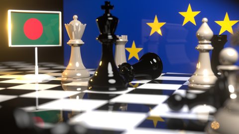 Bangladesh National Flag, Flags placed on a chessboard with the EU flag in the background