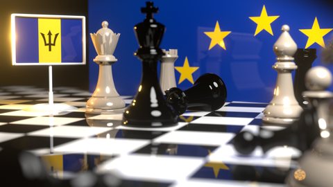 Barbados National Flag, Flags placed on a chessboard with the EU flag in the background