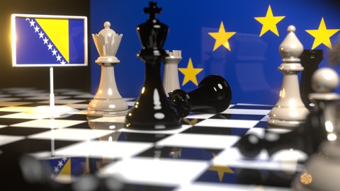 Bosnia-and-Herzegovina National Flag, Flags placed on a chessboard with the EU flag in the background