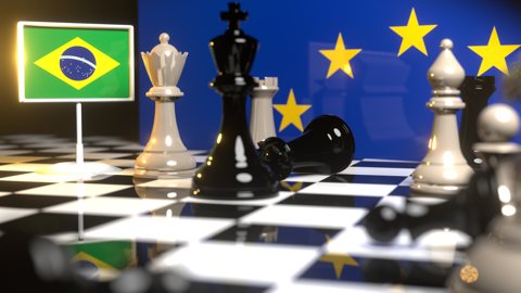 Brazil National Flag, Flags placed on a chessboard with the EU flag in the background