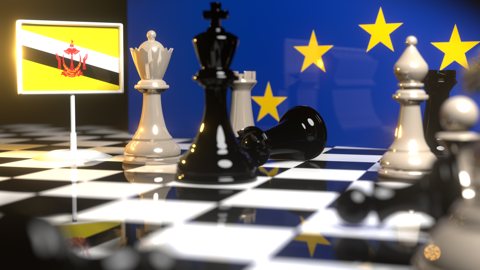 Brunei National Flag, Flags placed on a chessboard with the EU flag in the background