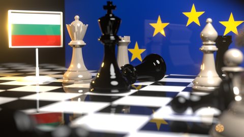 Bulgaria National Flag, Flags placed on a chessboard with the EU flag in the background