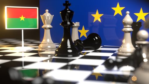 Burkina-Faso National Flag, Flags placed on a chessboard with the EU flag in the background