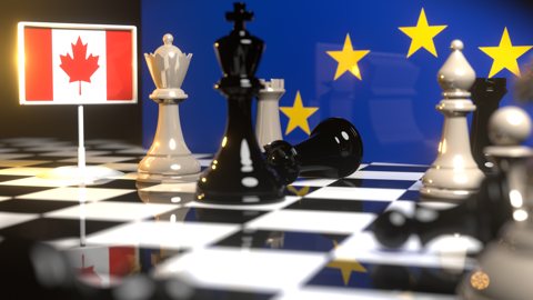 Canada National Flag, Flags placed on a chessboard with the EU flag in the background