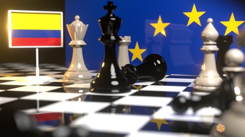 Colombia National Flag, Flags placed on a chessboard with the EU flag in the background