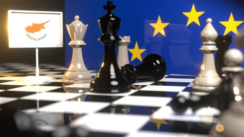 Cyprus National Flag, Flags placed on a chessboard with the EU flag in the background