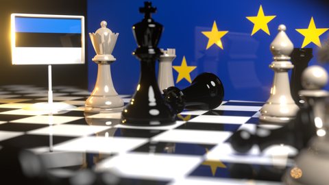 Estonia National Flag, Flags placed on a chessboard with the EU flag in the background