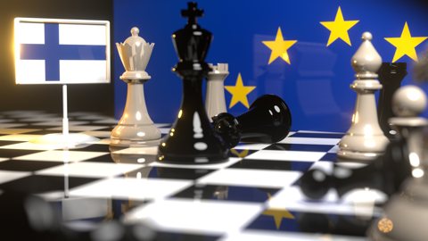 Finland National Flag, Flags placed on a chessboard with the EU flag in the background