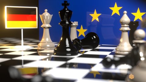 Germany National Flag, Flags placed on a chessboard with the EU flag in the background