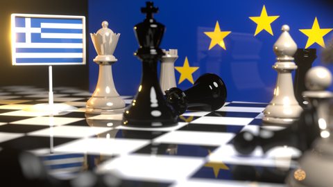 Greece National Flag, Flags placed on a chessboard with the EU flag in the background