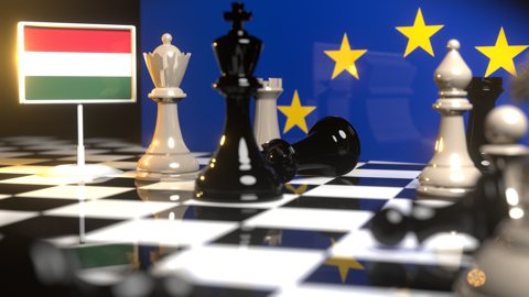 Hungary National Flag, Flags placed on a chessboard with the EU flag in the background