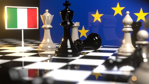 Italy National Flag, Flags placed on a chessboard with the EU flag in the background