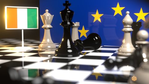 Ivory-Coast National Flag, Flags placed on a chessboard with the EU flag in the background