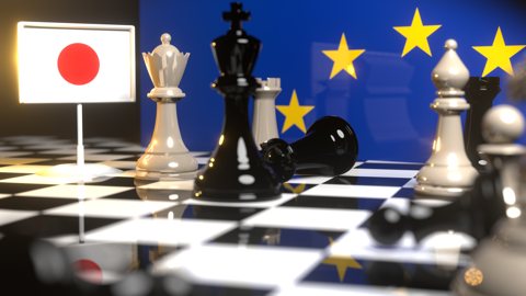 Japan National Flag, Flags placed on a chessboard with the EU flag in the background