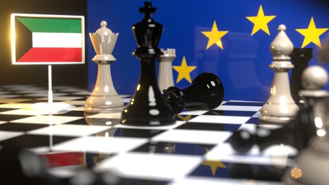 Kuwait National Flag, Flags placed on a chessboard with the EU flag in the background