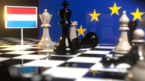 Luxembourg National Flag, Flags placed on a chessboard with the EU flag in the background