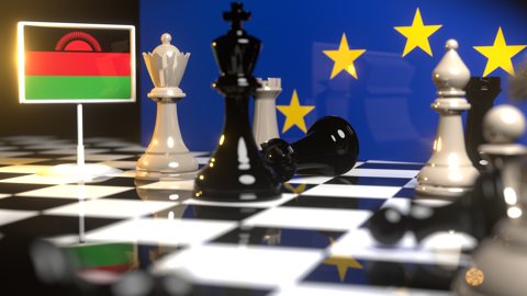 Malawi National Flag, Flags placed on a chessboard with the EU flag in the background