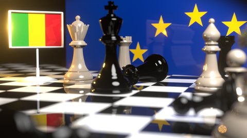 Mali National Flag, Flags placed on a chessboard with the EU flag in the background