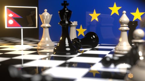 Nepal National Flag, Flags placed on a chessboard with the EU flag in the background