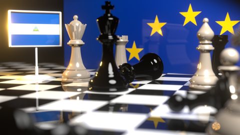 Nicaragua National Flag, Flags placed on a chessboard with the EU flag in the background